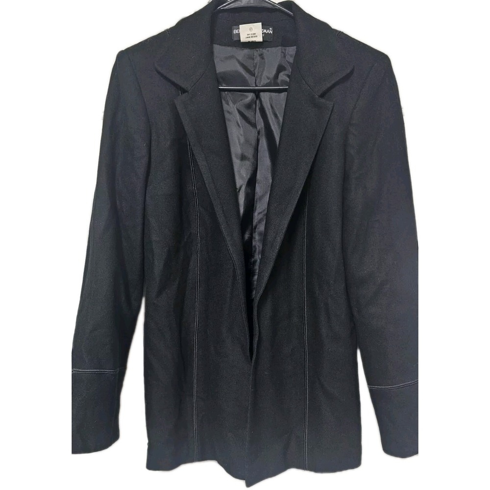 Vtg Bernard Holtzman Womens Black Wool Blend Lined Open Front Blazer Size 10